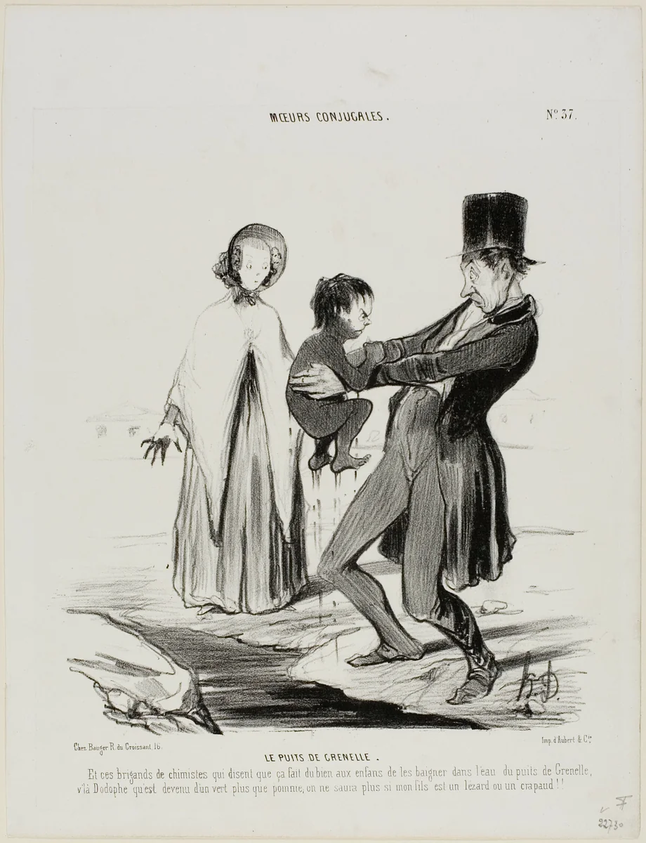 The Wells of Grenelle. “And these scoundrels of chemists are claiming that it is good for children to bathe in the wells of Grenelle! Here is Dodolphe who has turned more green than an apple.... one hardly knows whether he is a lizard or a toad,” plate 37 from Moeurs Conjugales by Honoré-Victorin Daumier, print, 1841