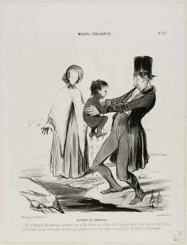 The Wells of Grenelle. “And these scoundrels of chemists are claiming that it is good for children to bathe in the wells of Grenelle! Here is Dodolphe who has turned more green than an apple.... one hardly knows whether he is a lizard or a toad,” plate 37 from Moeurs Conjugales by Honoré-Victorin Daumier, print, 1841