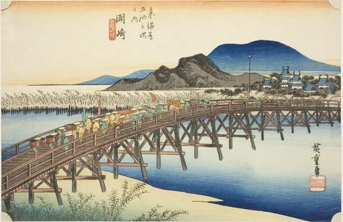 Okazaki: Yahagi Bridge (Okazaki, Yahagi no hashi), from the series "Fifty-three Stations of the Tokaido (Tokaido gojusan tsugi no uchi)," also known as the Hoeido Tokaido by Utagawa Hiroshige (歌川広重), print, 1828-1839