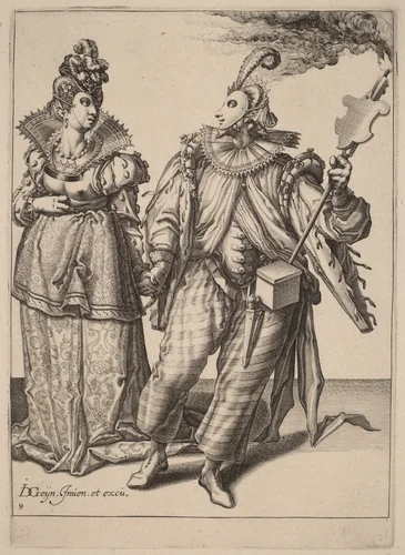A Woman Led by a Player Holding a Torch by Zacharias Dolendo; Jacques de Gheyn II, print, 1518-1641