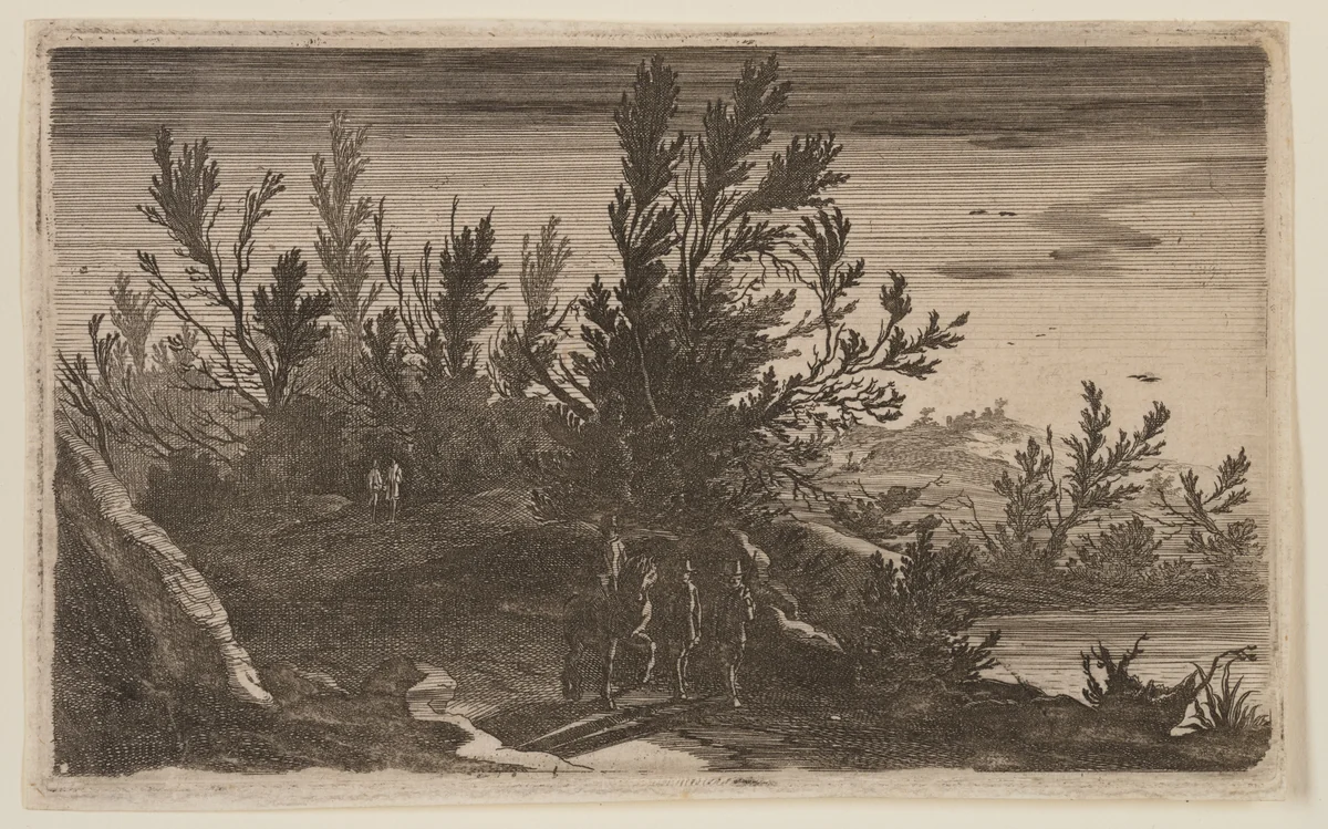 Riders on a Wooded Path to Left of Pond, from Six Landscapes by Gillis van Scheyndel, print, 1630-1650
