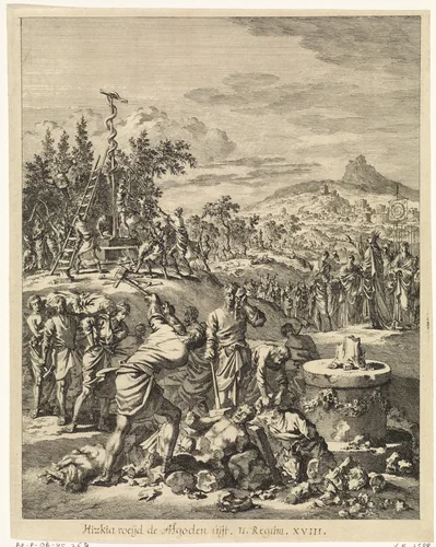 Koning Hizkia laat afgodsbeelden vernielen by Jan Luyken, print, 1708