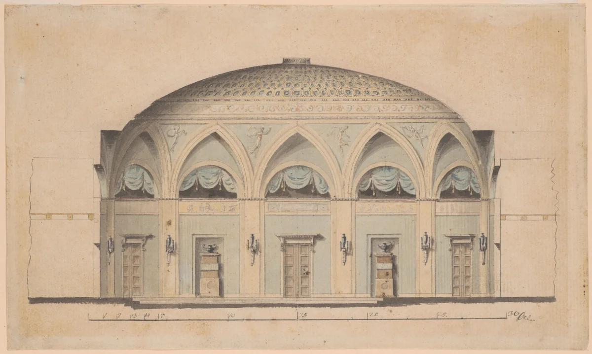 Cross-Section of a Domed Room with Urns and Candelabra by anonymous, drawing, 1750-1850