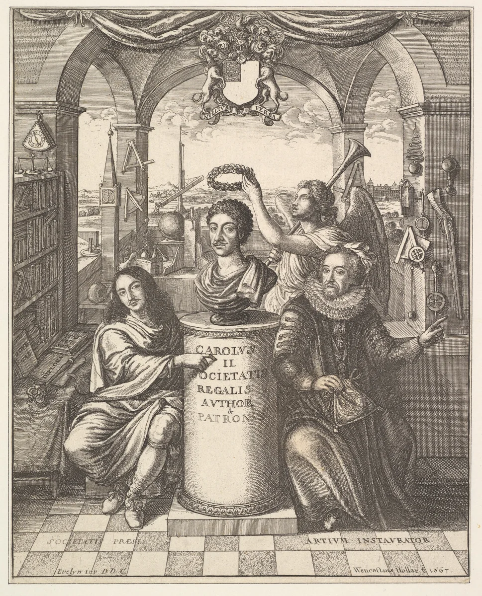 Frontispiece from Thomas Sprat's "The History of the Royal Society of London" by Wenceslaus Hollar, print, 1667