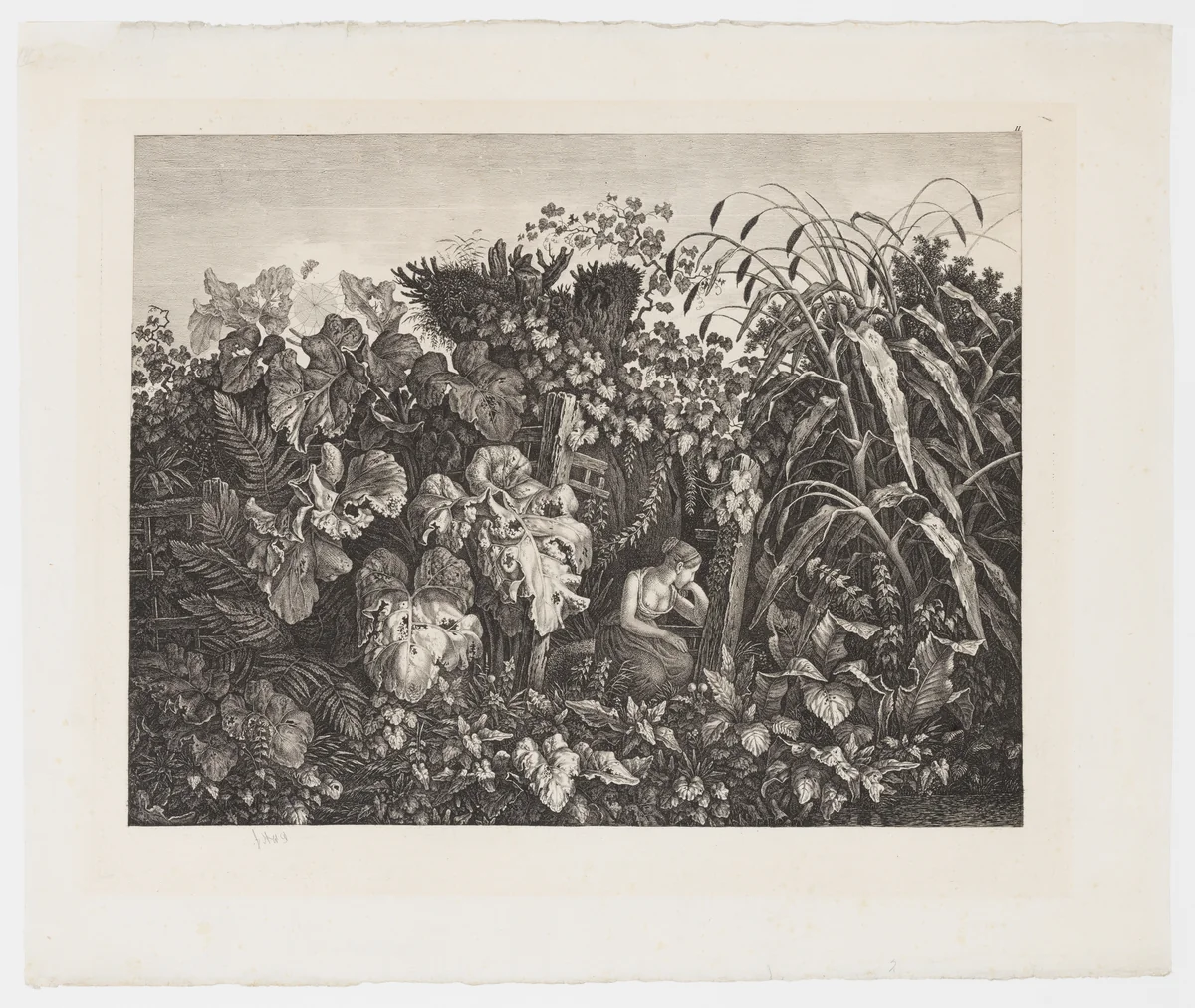 Melancholic woman seated amongst foliage (Trauerndes Mädchen im Kraut) by Carl Wilhelm Kolbe, print, 1830-1835