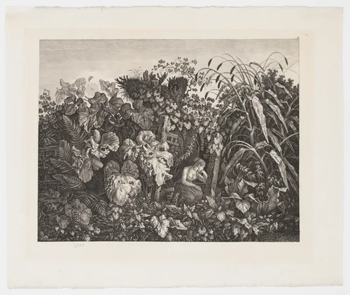 Melancholic woman seated amongst foliage (Trauerndes Mädchen im Kraut) by Carl Wilhelm Kolbe, print, 1830-1835