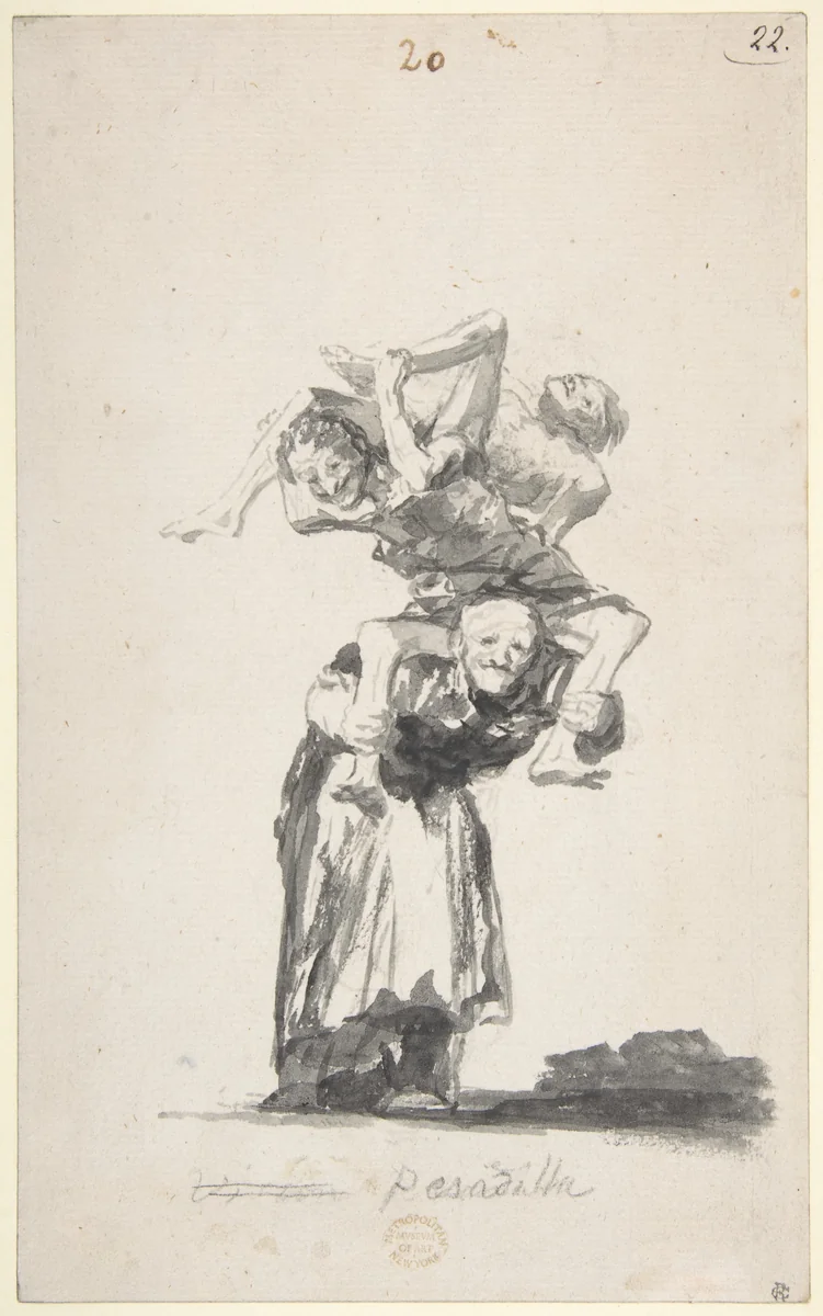 'Nightmare'; an old woman carrying figures on her back; page 20 from the Witches and Old Women Album (D) by Goya, drawing, 1814-1828