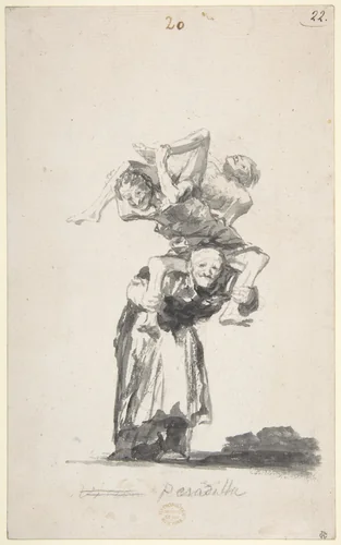 'Nightmare'; an old woman carrying figures on her back; page 20 from the Witches and Old Women Album (D) by Goya, drawing, 1814-1828