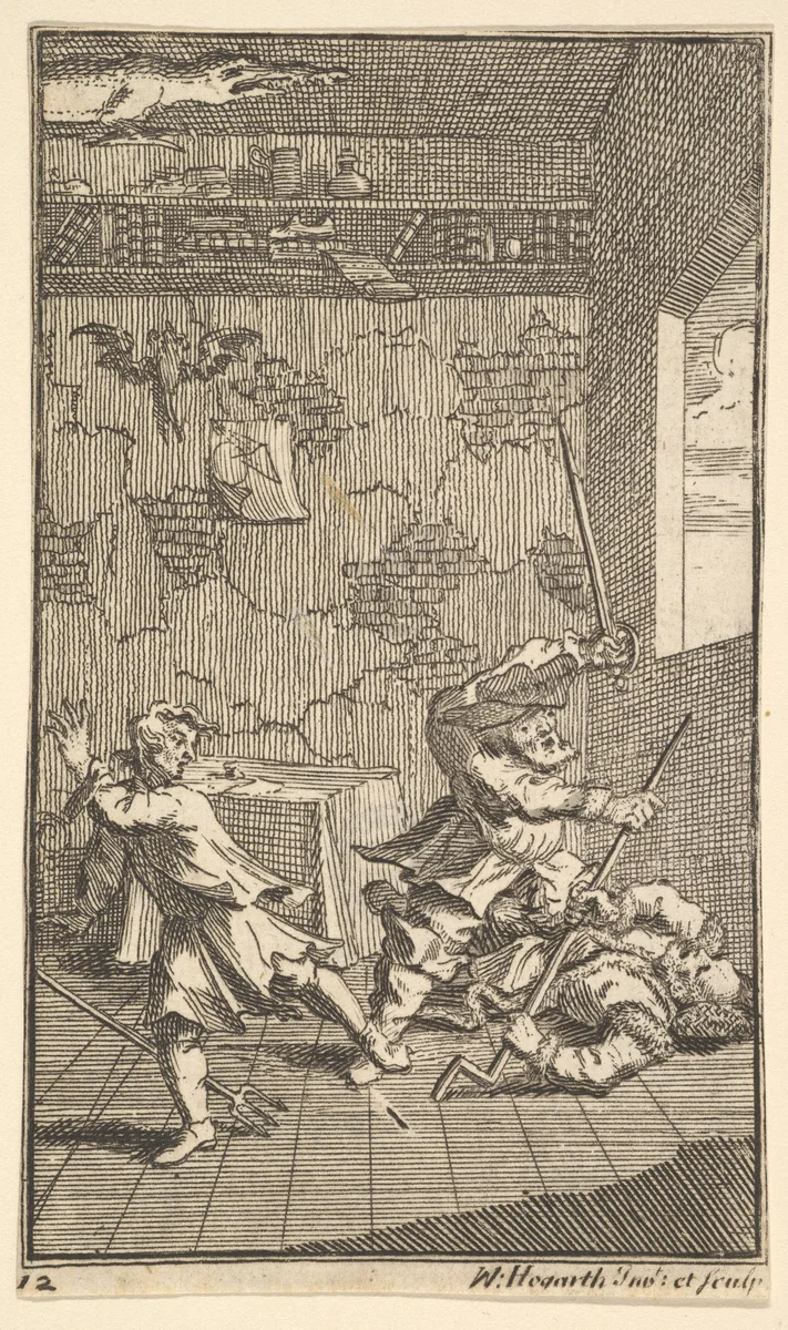 Hudibras Beating Sidrophel and Whachum (Seventeen Small Illustrations for Samuel Butler's Hudibras, no. 12) by William Hogarth, print, 1721-1726