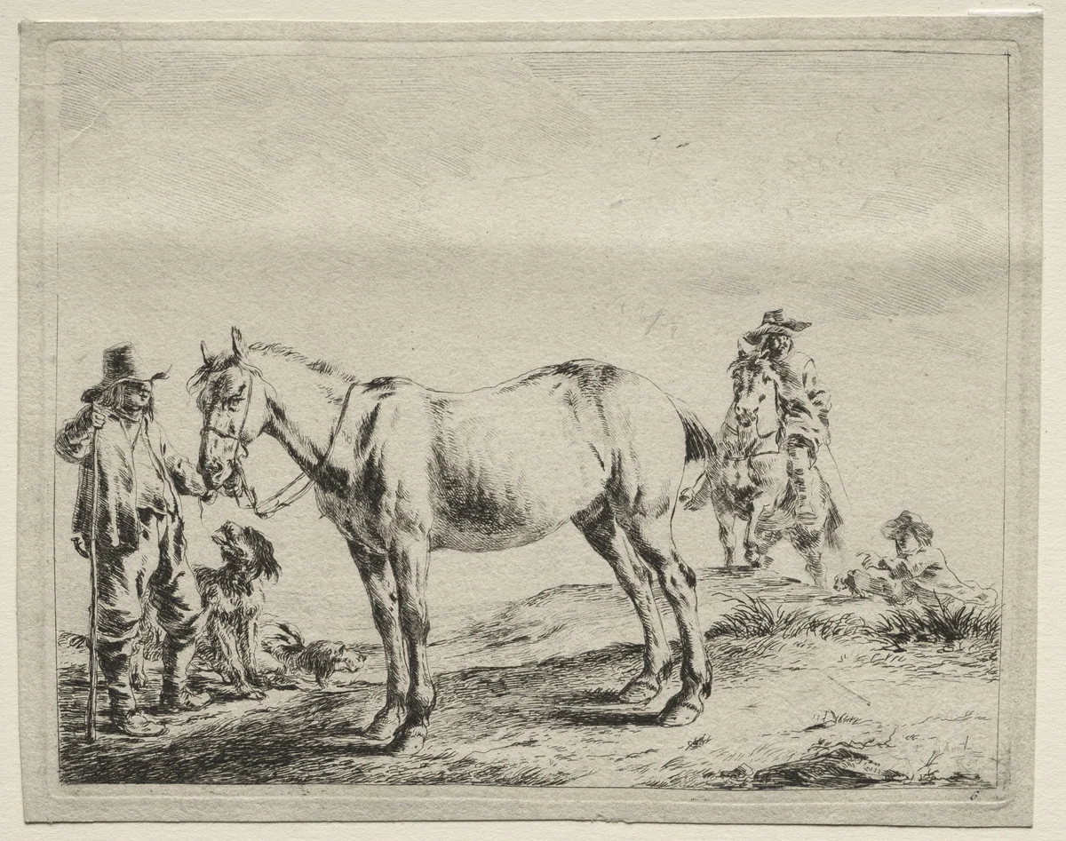 Man holding a horse by the bridle by Dirck Stoop, print