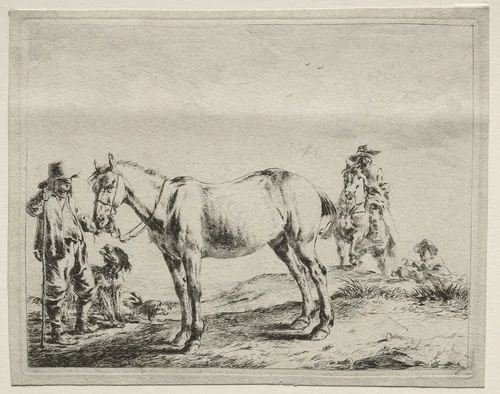 Man holding a horse by the bridle by Dirck Stoop, print