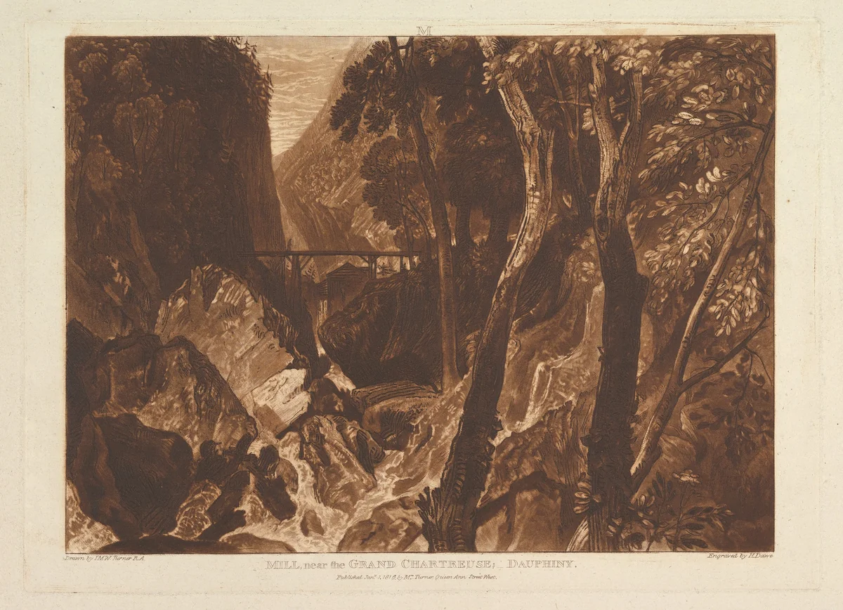 Mill Near the Grand Chartreuse, Dauphiny, part XI, plate 54 from "Liber Studiorum" by Joseph Turner, print, 1816