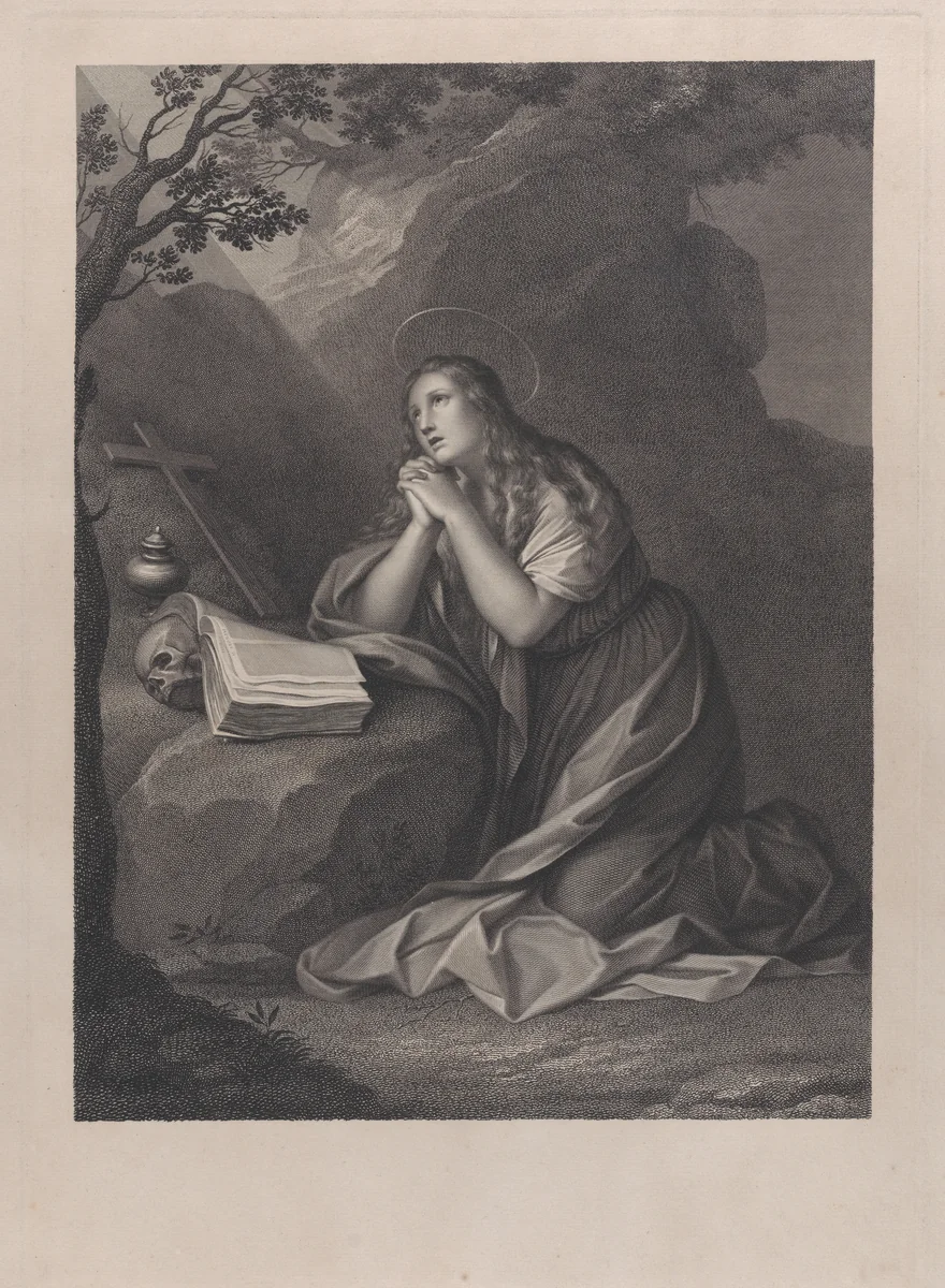 Mary Magdalene, penitent in the desert by Raphael Morghen, print, 1801
