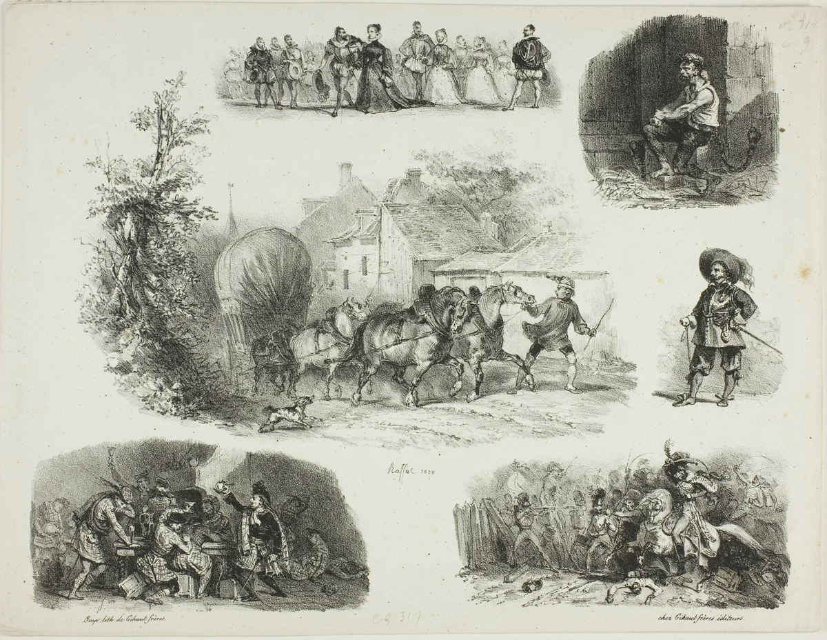 Sheet of Sketches by Denis Auguste Marie Raffet, print, 1829