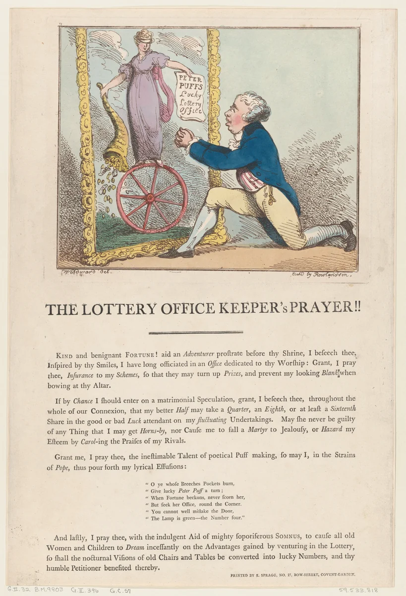 The Lottery Office Keeper's Prayer!! by Thomas Rowlandson, print, 1801