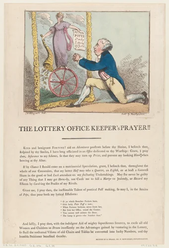 The Lottery Office Keeper's Prayer!! by Thomas Rowlandson, print, 1801