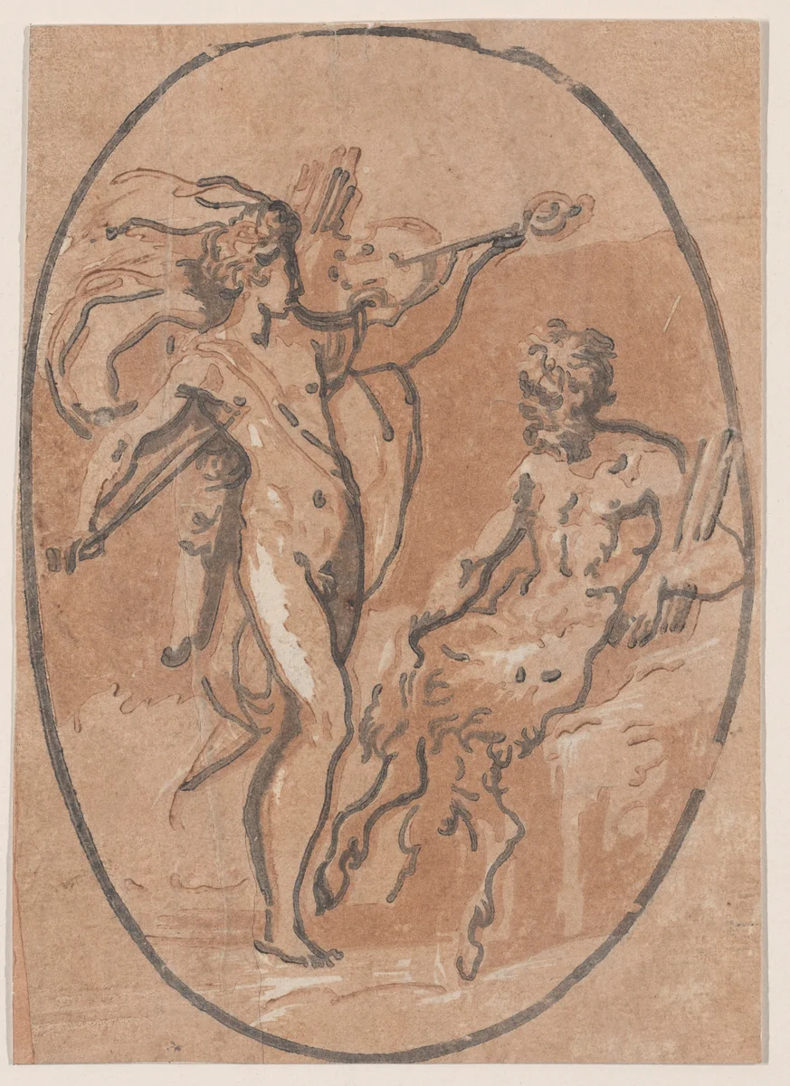 The contest between Apollo and Marsyas by Niccolò Vicentino, print, 1535-1545