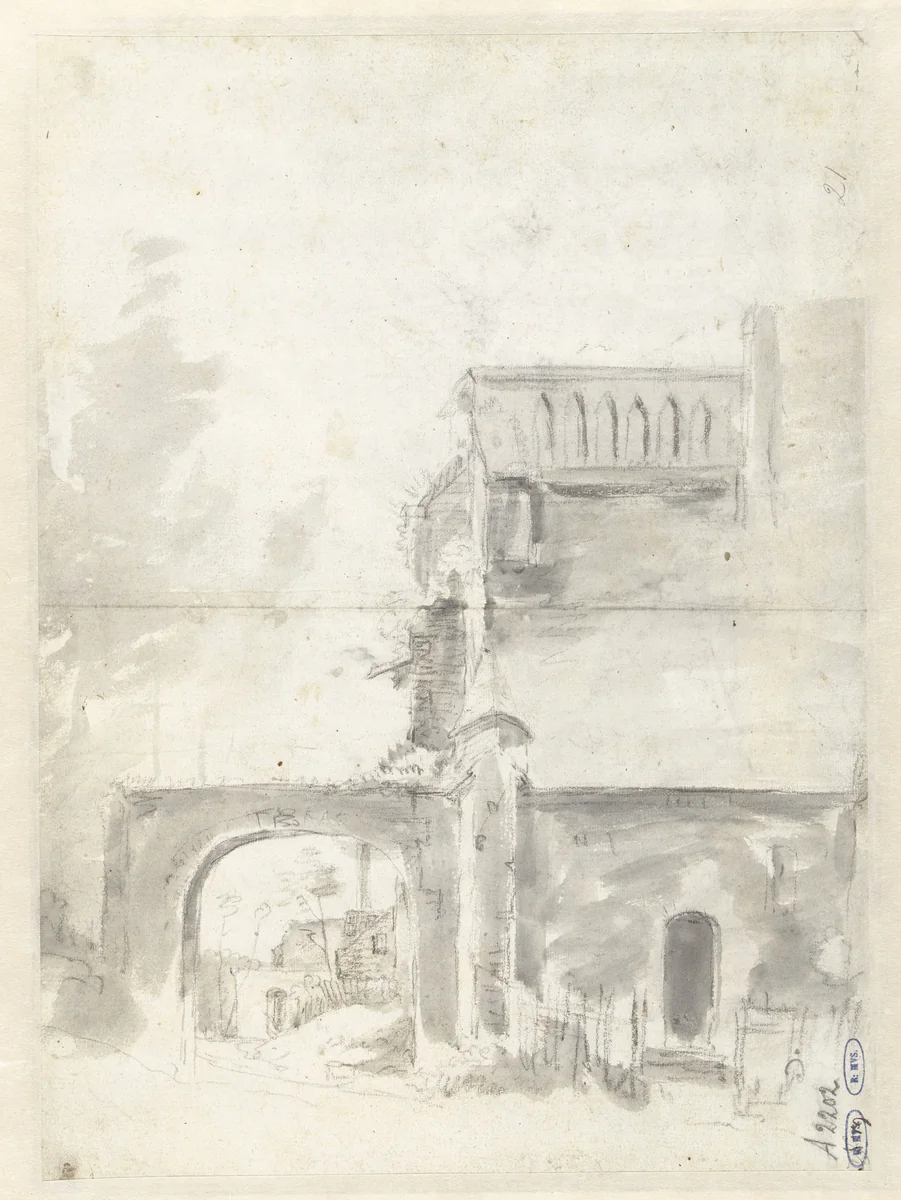 Schets van een vervallen toren en poort by Anthonie Waterloo, drawing, 1619-1690