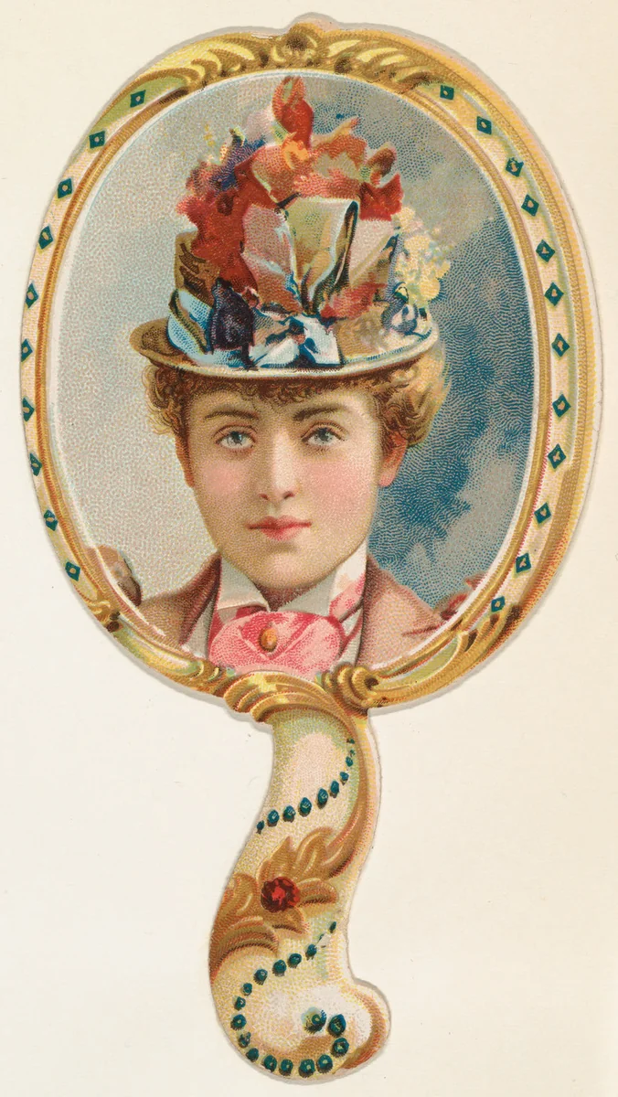 Hand mirror with woman in floral hat with blue ribbont, from the Novelties series (N122) issued by Gail & Ax Tobacco to promote Navy Long Cut by Gail & Ax Tobacco, print, 1889