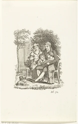 Vader met twee jongens in zijn armen en moeder, zittend in tuin bij twee honden by Johannes Best, print, 1807-1855