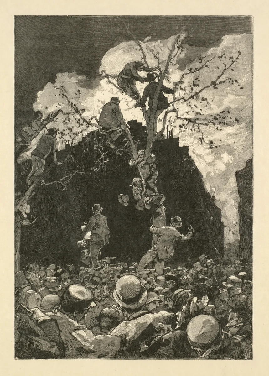 Men Watching a Fire by Auguste Lepère, print, 1862-1904