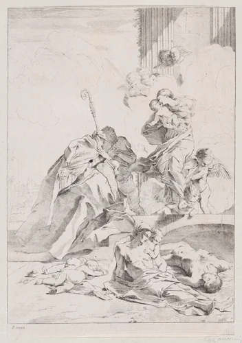 Three Lucchese saints Sts Nicholas Tolentino, Nicholas of Bari and Roch interceding with the Virgin on behalf of the victims of the plague by anonymous, print, 1650-1700
