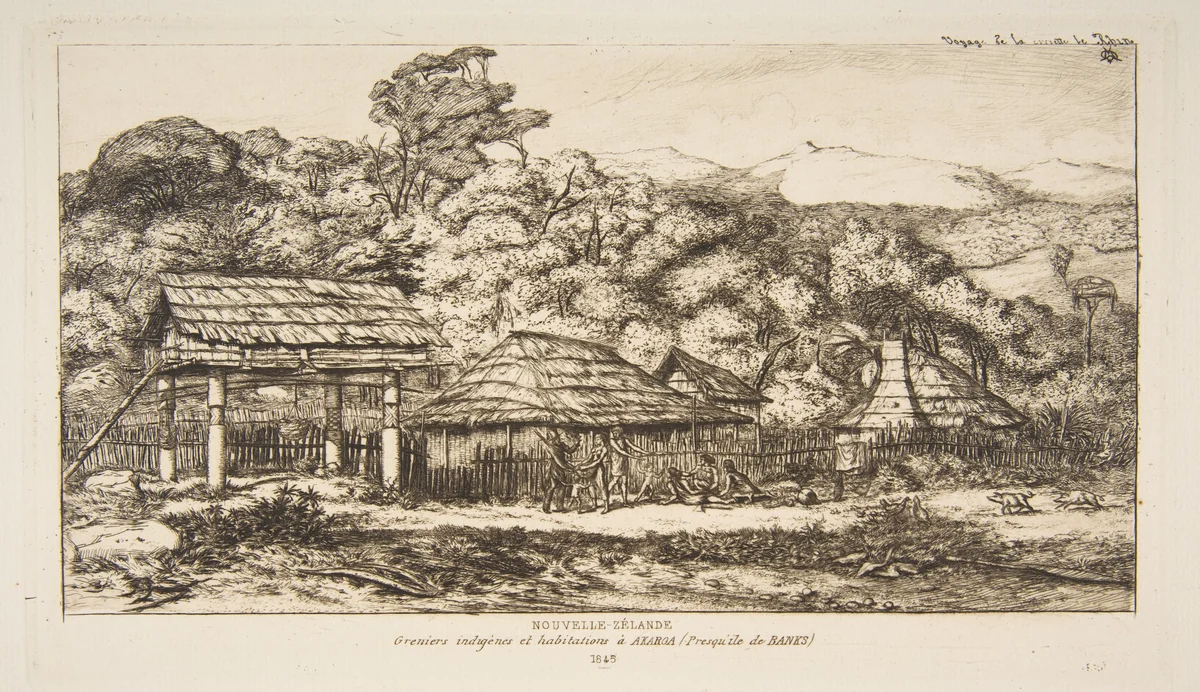 Native Barns and Huts at Akaroa, Banks Peninsula, 1845, from "The Voyage to New Zealand (1842–46)" by Charles Meryon, print, 1860