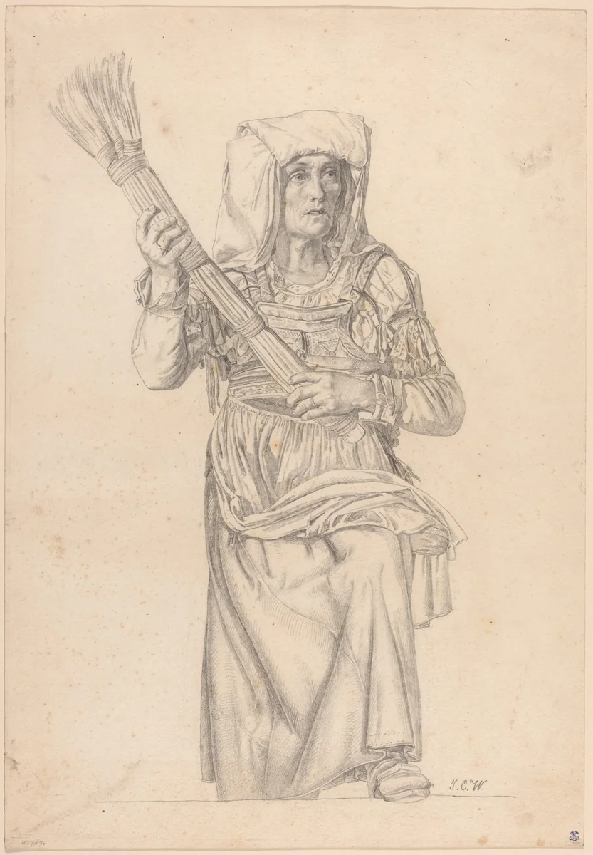 Italian Peasant Woman with a Broom by Johann Caspar Weidenmann, drawing, 1805-1850