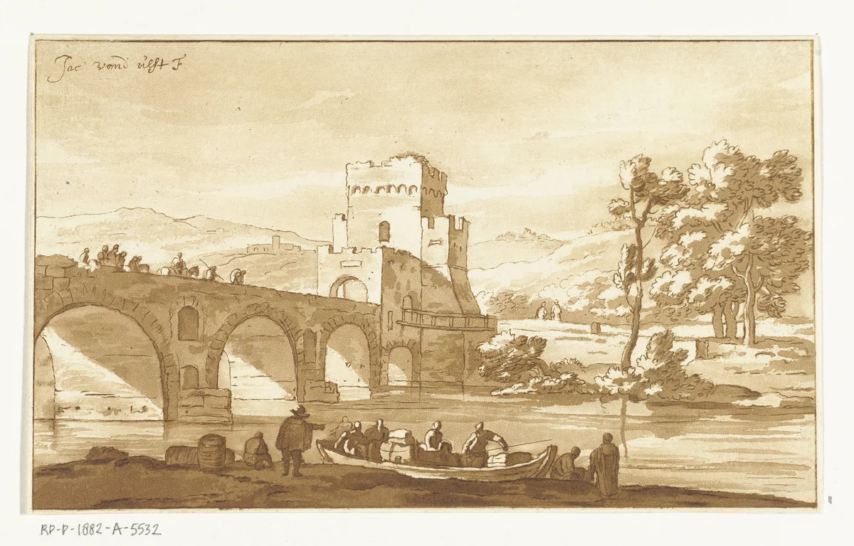 Ponte Molle bij Rome by Cornelis Brouwer, print, 1741-1803