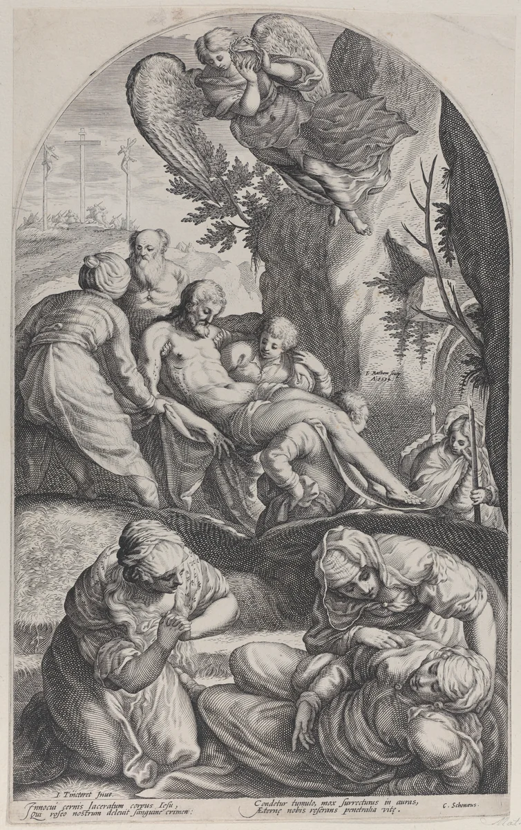 The Entombment, with Christ's body carried on a sheet at center, the three Maries in the foreground, and an angel overhead by Jacob Matham, print, 1594