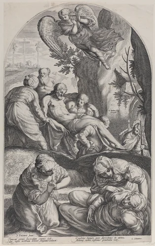 The Entombment, with Christ's body carried on a sheet at center, the three Maries in the foreground, and an angel overhead by Jacob Matham, print, 1594