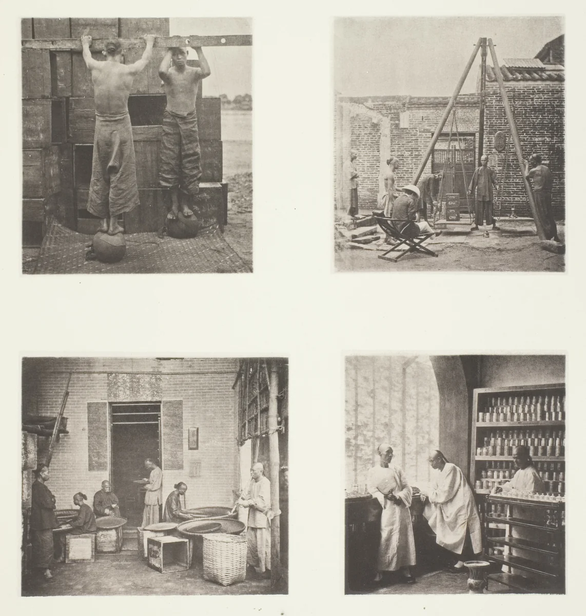 Rolling Scented Caper and Gunpowder Teas; Weighing Tea for Exportation; A Tea House, Canton; A Tea-Tasting Room, Canton by John Thomson, photograph, 1863-1873