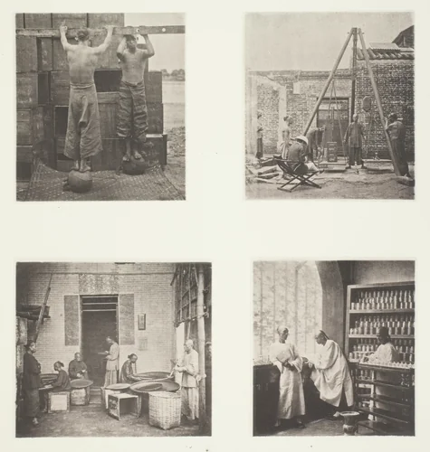 Rolling Scented Caper and Gunpowder Teas; Weighing Tea for Exportation; A Tea House, Canton; A Tea-Tasting Room, Canton by John Thomson, photograph, 1863-1873
