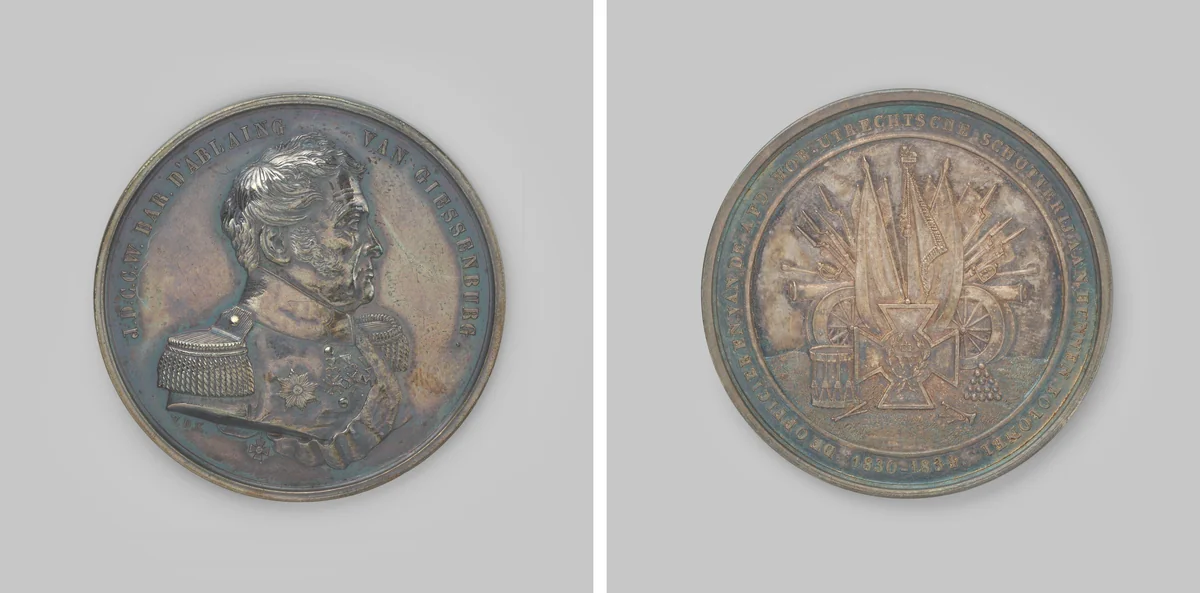 Gedenkpenning, aangeboden door de officieren van de mobiele schutterij te Utrecht aan hun kolonel J.D.C.C. baron d'Ablaing van Giessenburg by David van der Kellen, metalwork, 1834