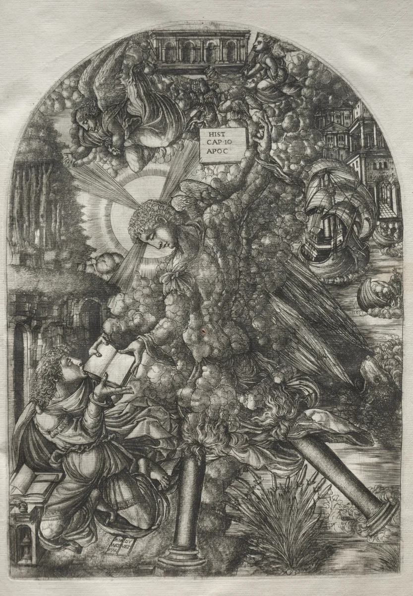 The Apocalypse: The Angel Gives St. John the Book to Eat by Jean Duvet, print, 1546-1556