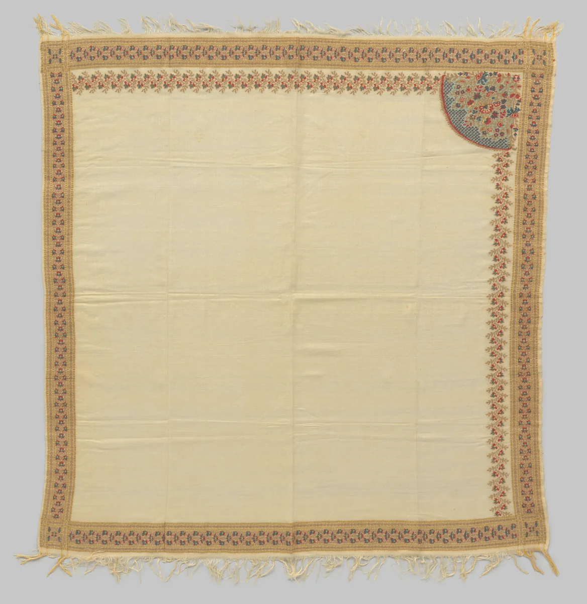 Vierkante palmensjaal met slechts één hoekpatroon tussen twee veldranden met bloemmotieven by anonymous, textile, 1825-1845