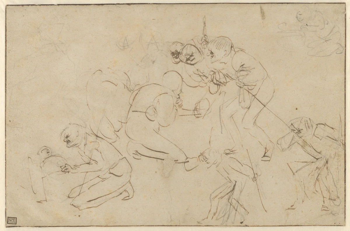 Studies for an Adoration of the Shepherds by Adriaen Brouwer, drawing, 1625-1638