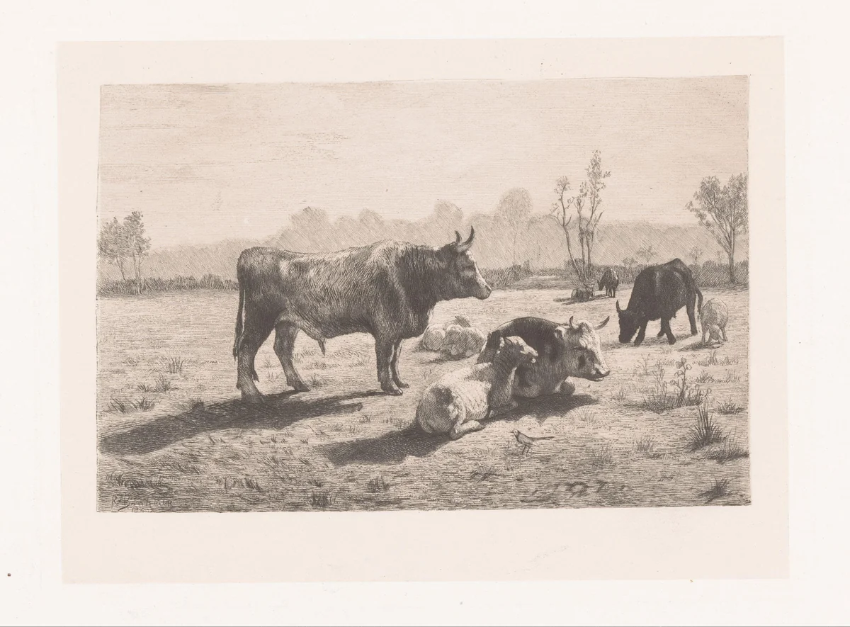 Weidelandschap met koeien en schapen by Marie Louveau-Rouveyre, print, 1878-1880