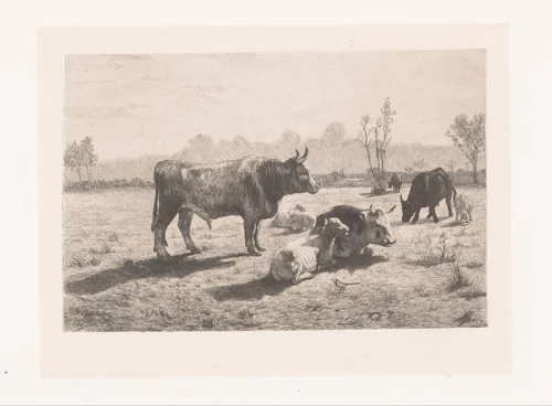 Weidelandschap met koeien en schapen by Marie Louveau-Rouveyre, print, 1878-1880