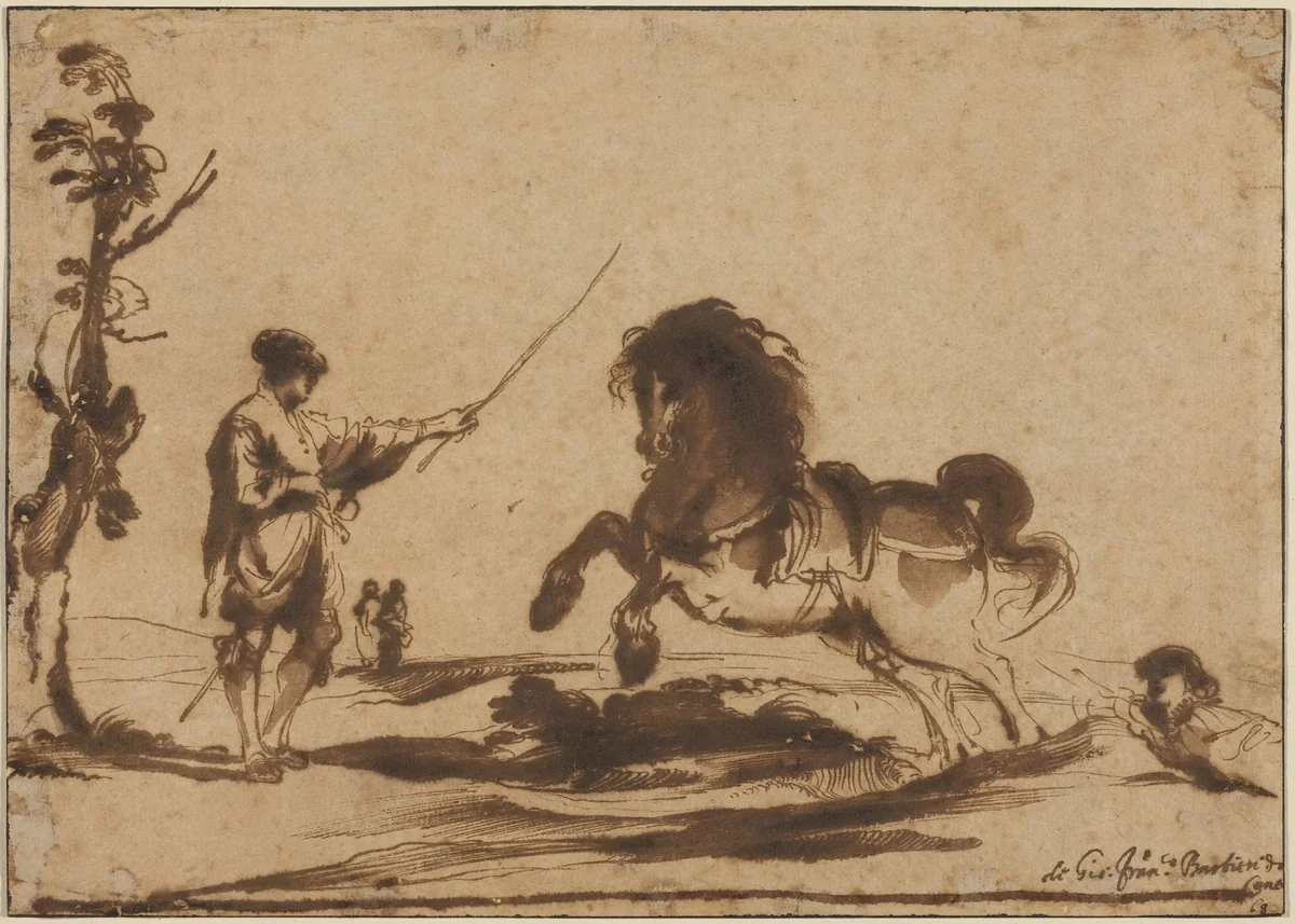 Landscape with the Taming of a Horse by Guercino, drawing, 1620-1630