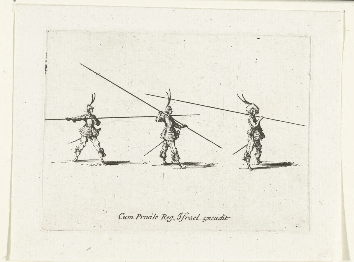 Exercities met een lans in horizontale stand by Jacques Callot, print, 1635