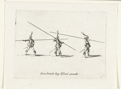 Exercities met een lans in horizontale stand by Jacques Callot, print, 1635