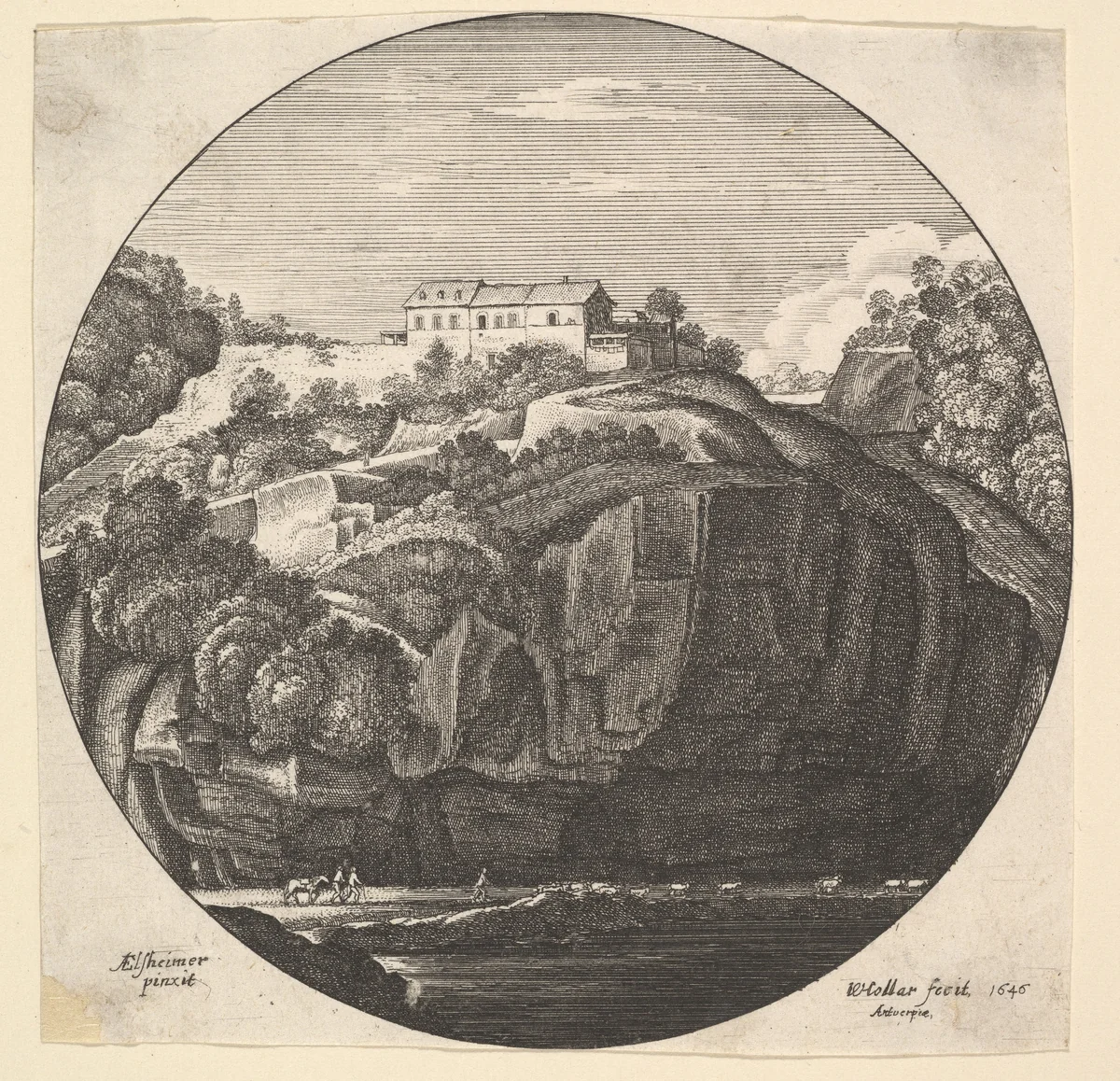 Landscape with a house on cliffs by Wenceslaus Hollar, print, 1646