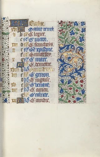 Book of Hours (Use of Rouen): fol. 10r, Calendar Page for October by Master of the Geneva Latini, book, 1465-1475