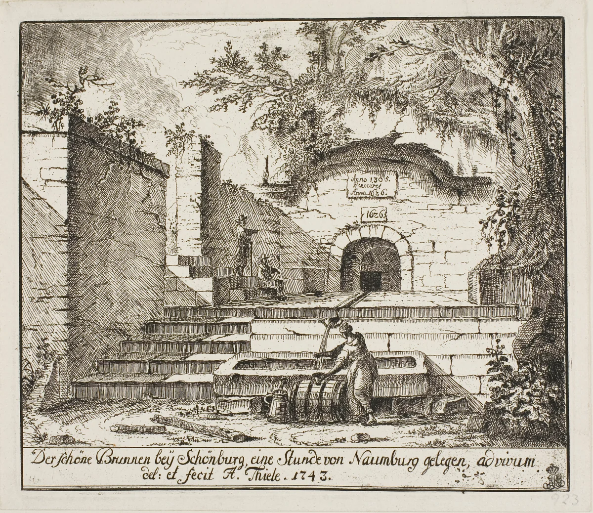 The Beautiful Fountain Near Schönburg by Johann Alexander Thiele, print, 1743