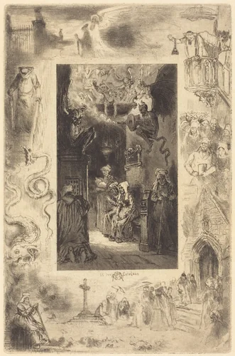 Le Curé de Cucugnan (The Vicar of Cucugnan) by Félix-Hilaire Buhot, print, 1885
