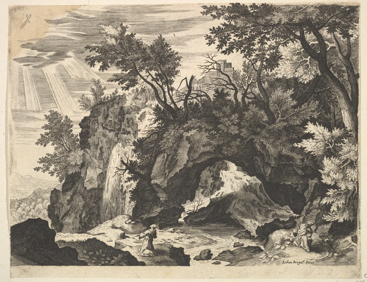 Rocky Landscape with the Stigmatization of St. Francis (reverse copy) by Aegidius Sadeler II, print, 1564-1637
