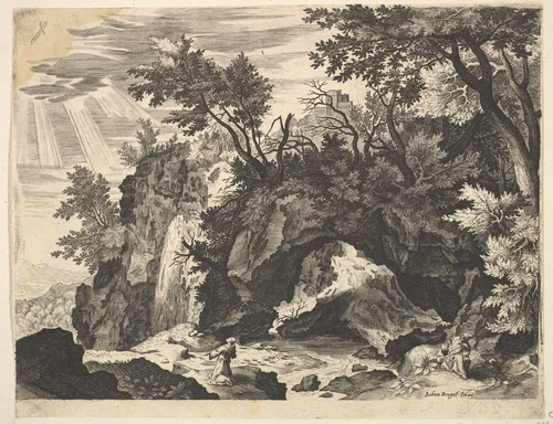 Rocky Landscape with the Stigmatization of St. Francis (reverse copy) by Aegidius Sadeler II, print, 1564-1637