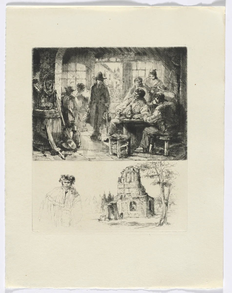 Frédéric Mistral: Mémoires et Recits by Frédéric Mistral: tavern scene/ ruin and man (insert after p. 96) by Auguste Brouet, other, 1937
