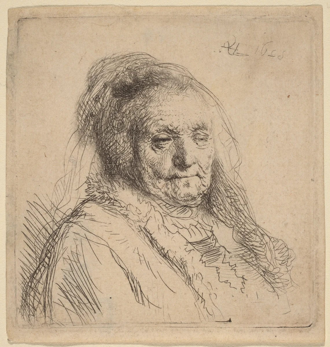 The Artist's Mother, Head and Bust by Rembrandt van Rijn, print, 1628